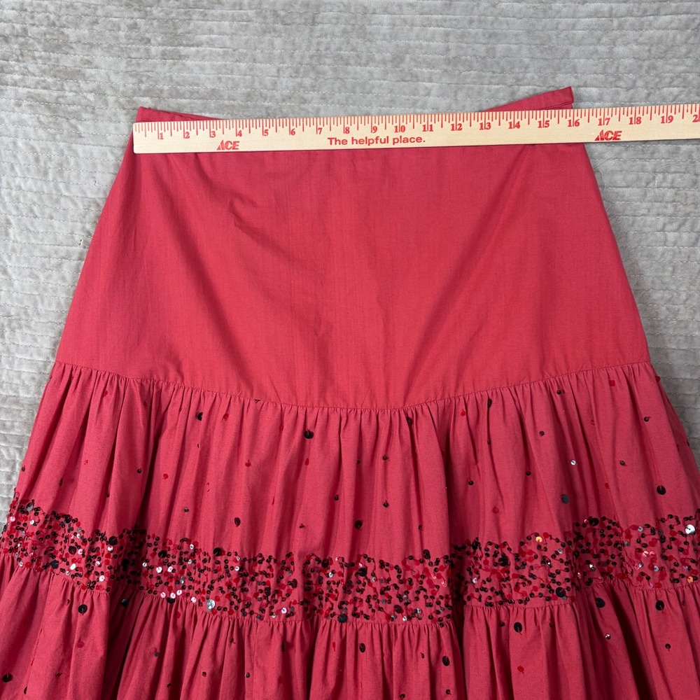 Anage Red Sequin Tiered Maxi Skirt Boho Cotton Ruffle Lined Size 10 - Picture 3 of 10